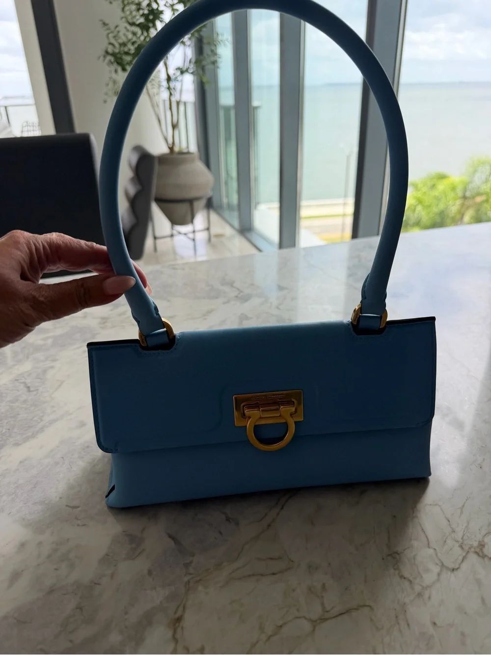 Salvatore Ferragamo Sky Blue Top-Handle Shoulder Bag with Gold Hardware